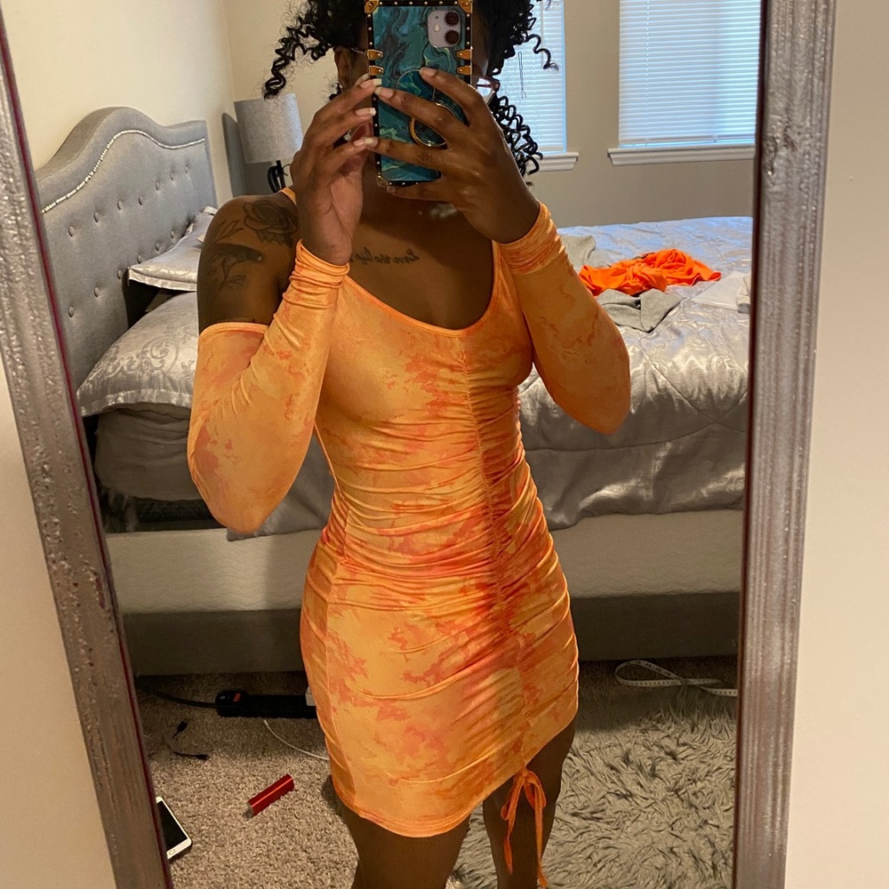 PLT Shape Orange Tie Dye Slinky Cut Out Ruched Bodycon Dress - New with Tags